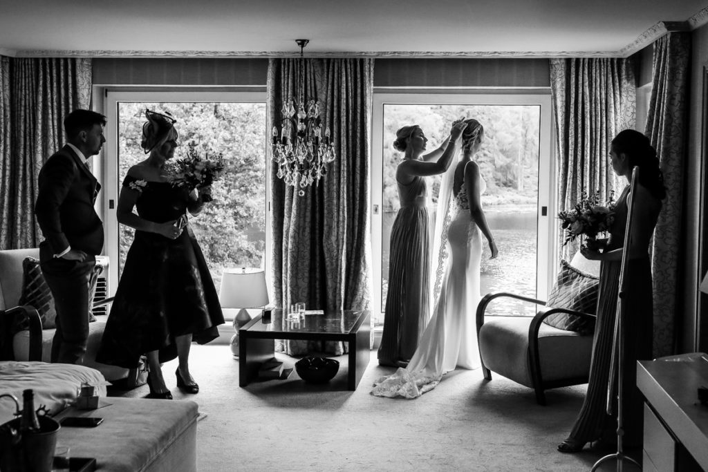 lake district documentary wedding photographer Gilpin Lake House bridal preparations in black & white