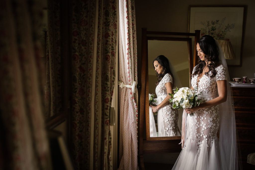 scottish documentary wedding photographer Dundas Castle bridal portrait in the mirror