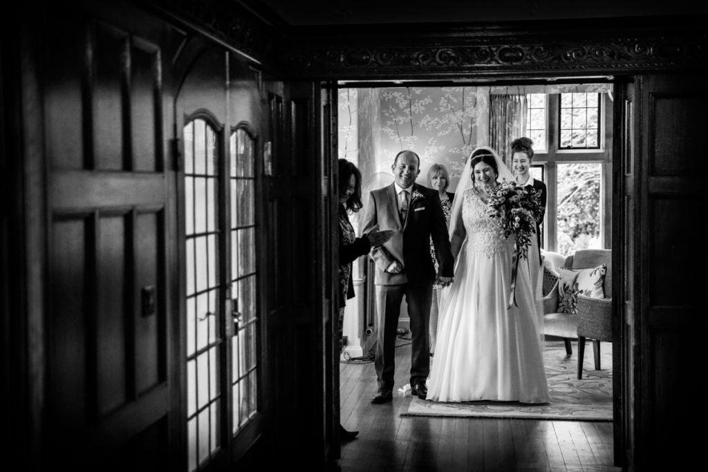 lake district documentary wedding photographer Cragwood couple just married in black and white