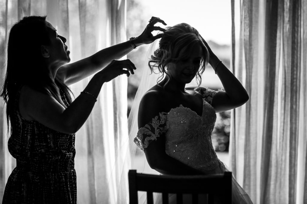 lake district documentary wedding photographer bridal prep black and white silhouette