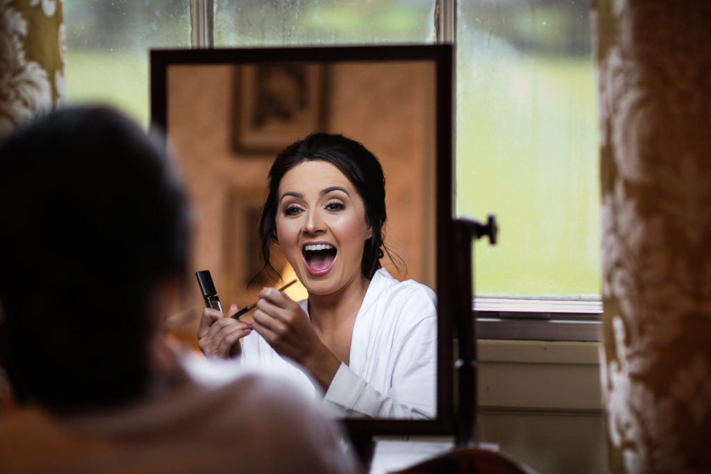 lake district documentary wedding photographer Longlands bride in the mirror