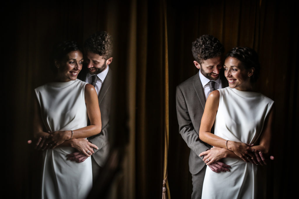 lake district documentary wedding photographer Rowley Estates couple portrait with reflection