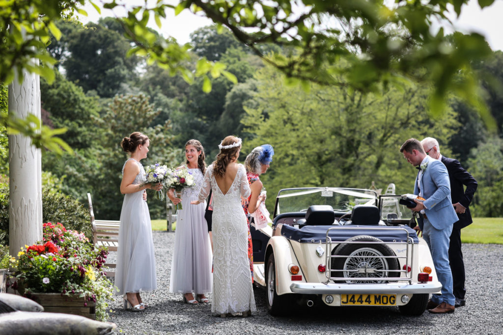 lake district documentary wedding photographer Lowhouse arrival of the bride in Morgan car