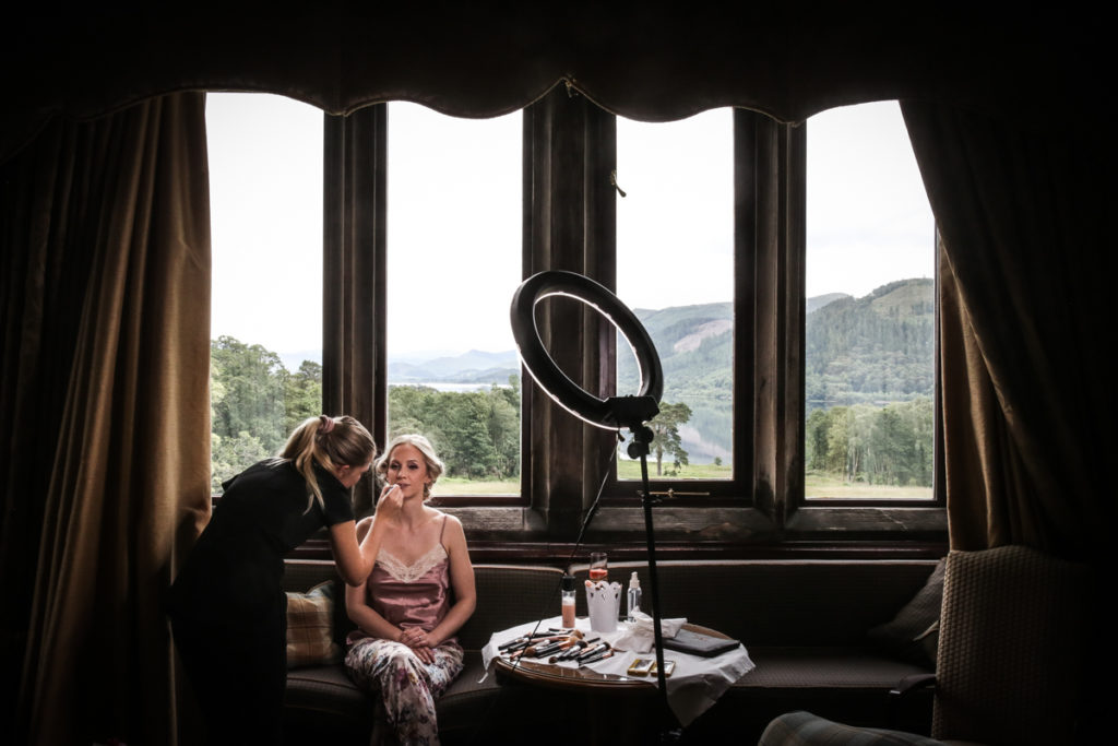 lake district documentary wedding photographer brides makeup with a view