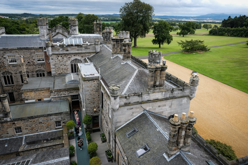 lake district documentary wedding photographer Dundas Castle roof top view