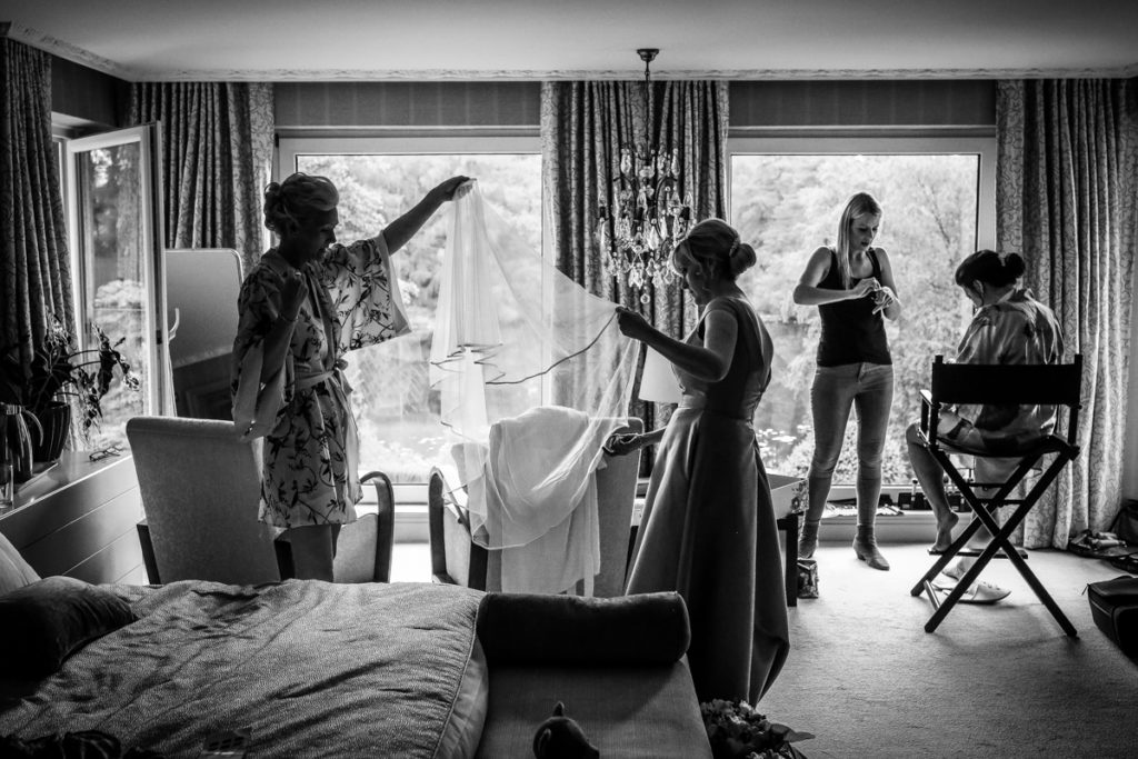 lake district documentary wedding photographer Gilpin Lake House bridal prep in black and white